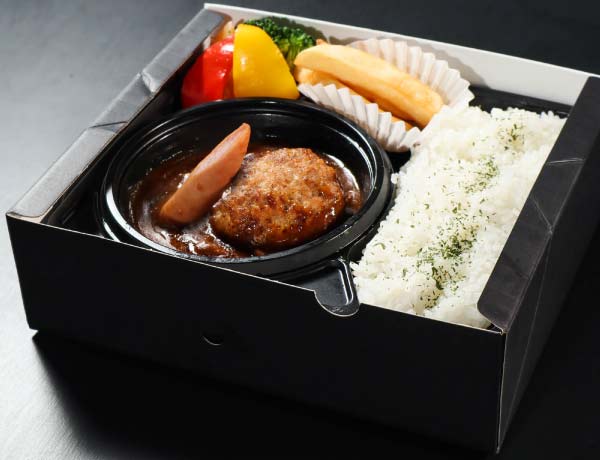 イイジマカレーとローズポーク入りハンバーグあったか弁当
