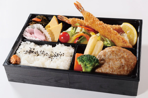 常陸牛ハンバーグと海老フライ弁当